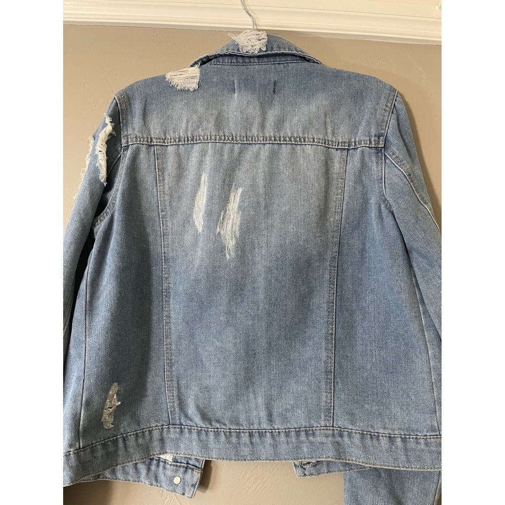 Cisono Distressed Denim Jacket Womens Small Medium Wash Trucker Jean Jacket - Picture 10 of 11